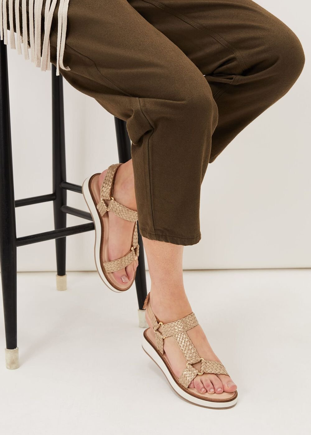 Leather Weave Velcro Sandal - Gold