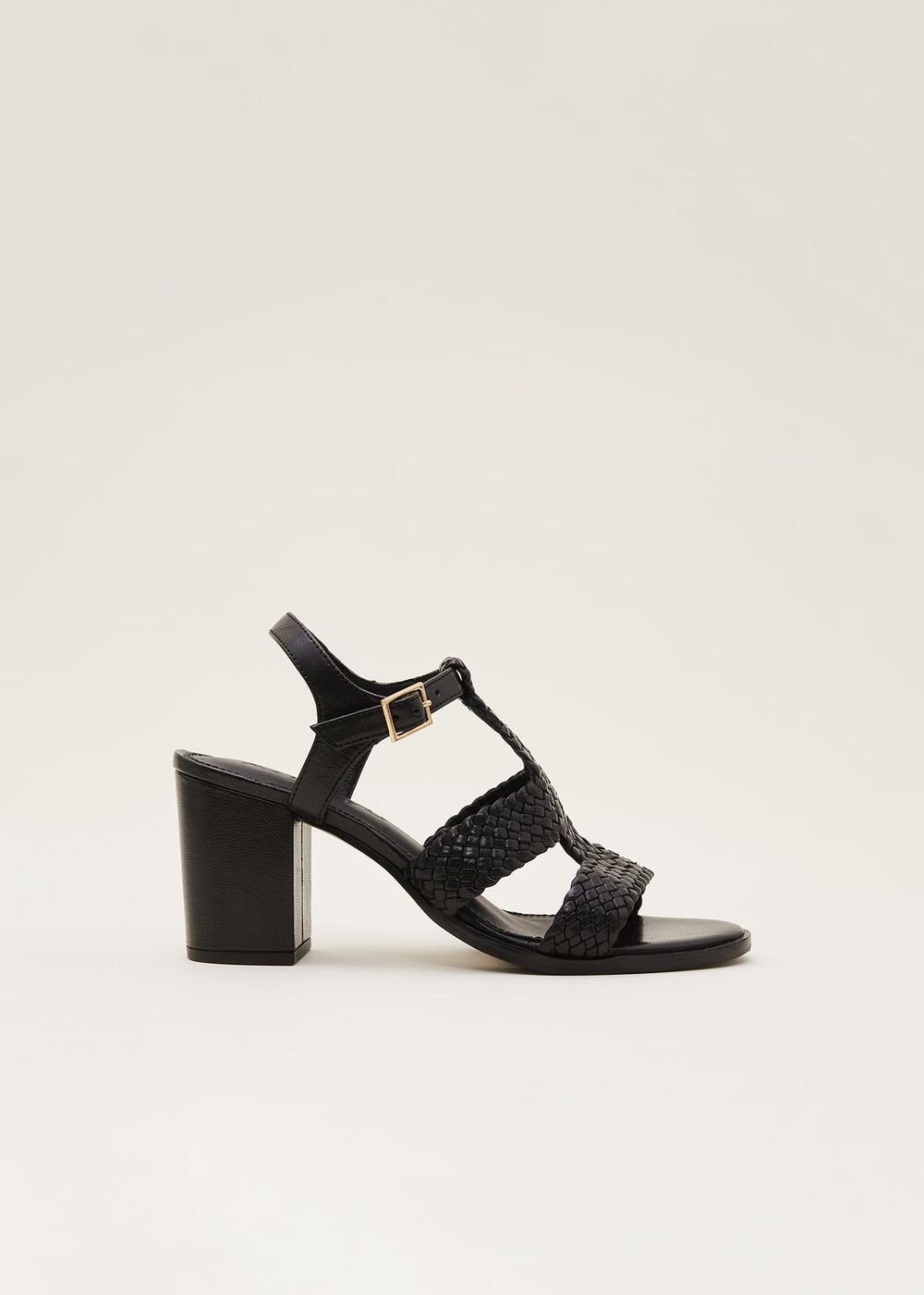 Plaited T Bar Heeled Sandal Shoe - Black