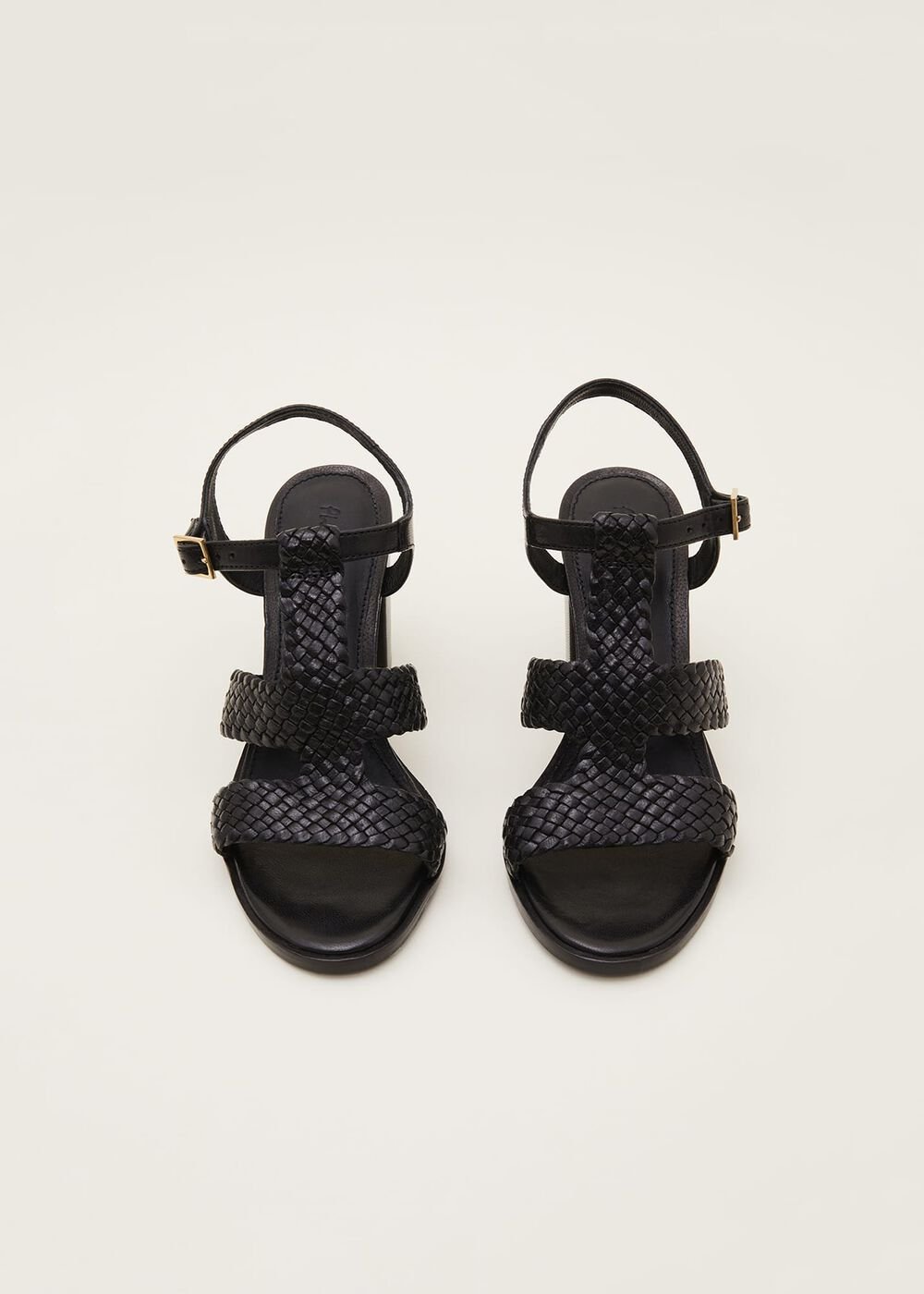 Plaited T Bar Heeled Sandal Shoe - Black