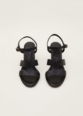 Plaited T Bar Heeled Sandal Shoe - Black