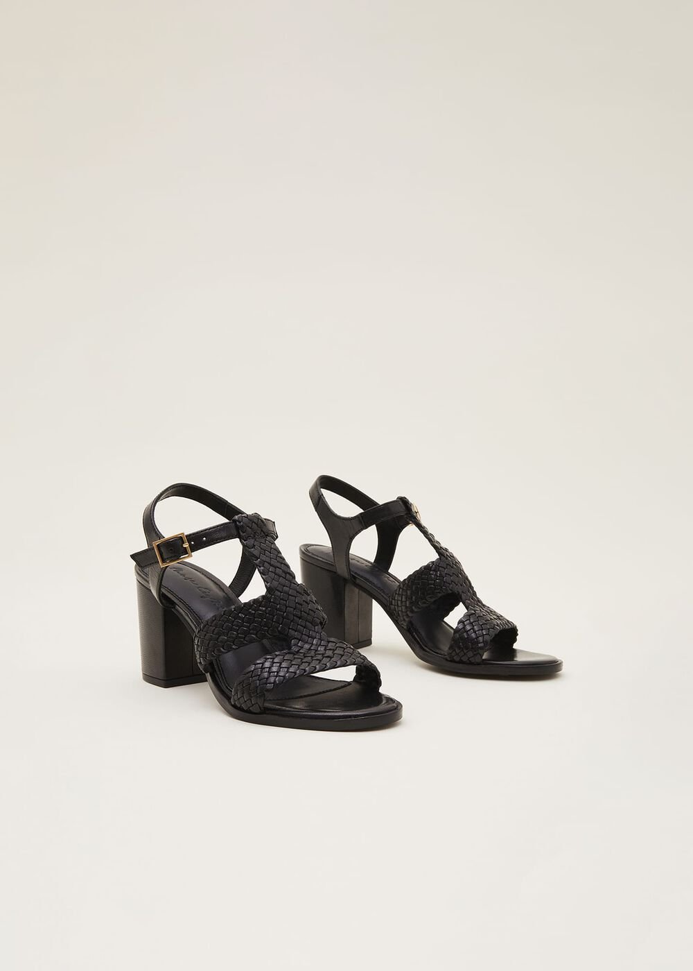 Plaited T Bar Heeled Sandal Shoe - Black