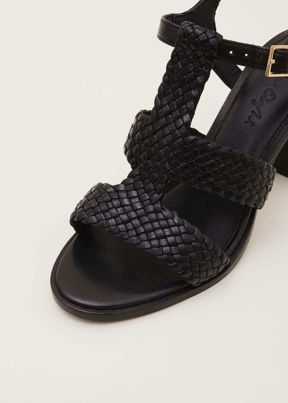 Plaited T Bar Heeled Sandal Shoe - Black