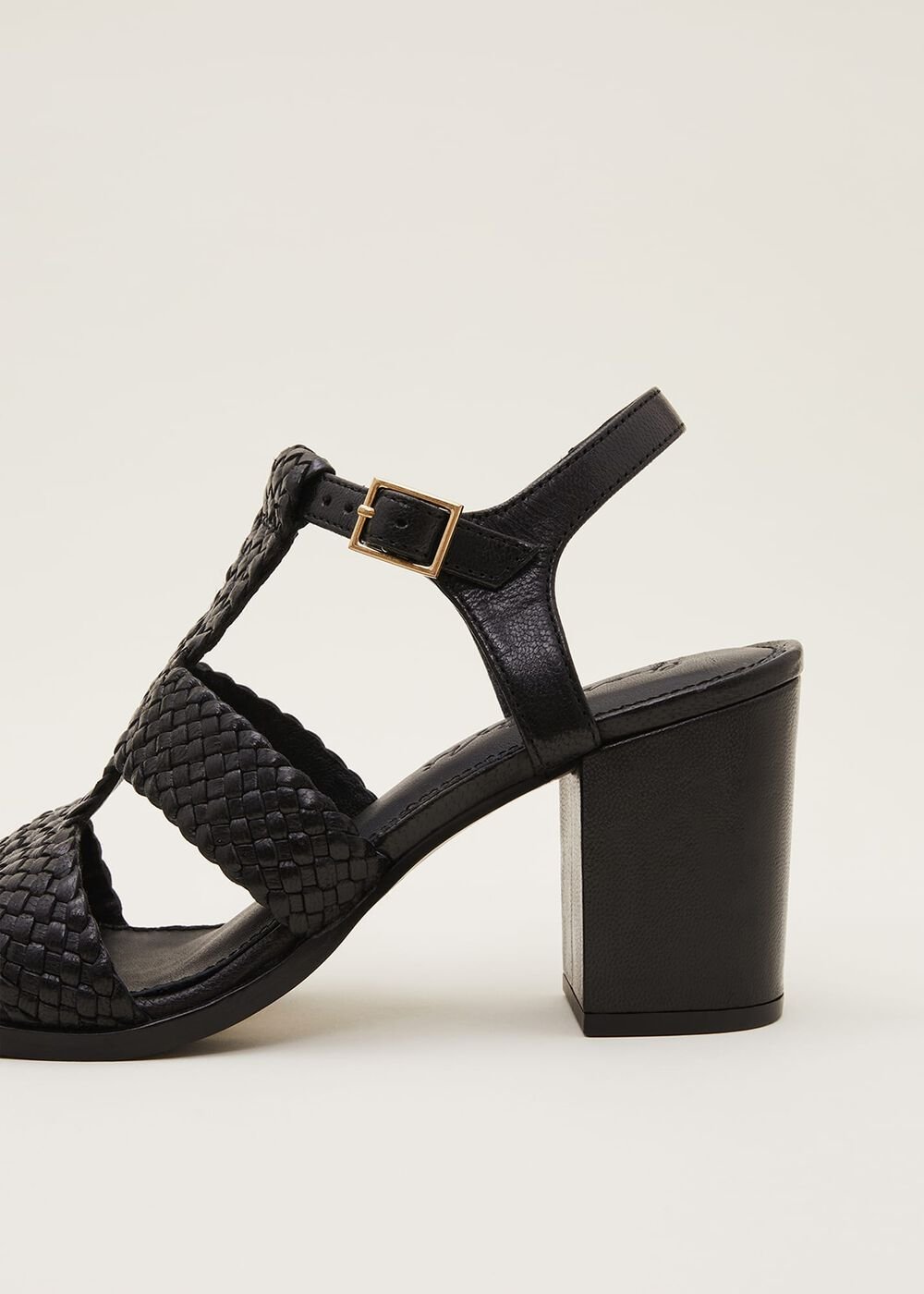 Plaited T Bar Heeled Sandal Shoe - Black