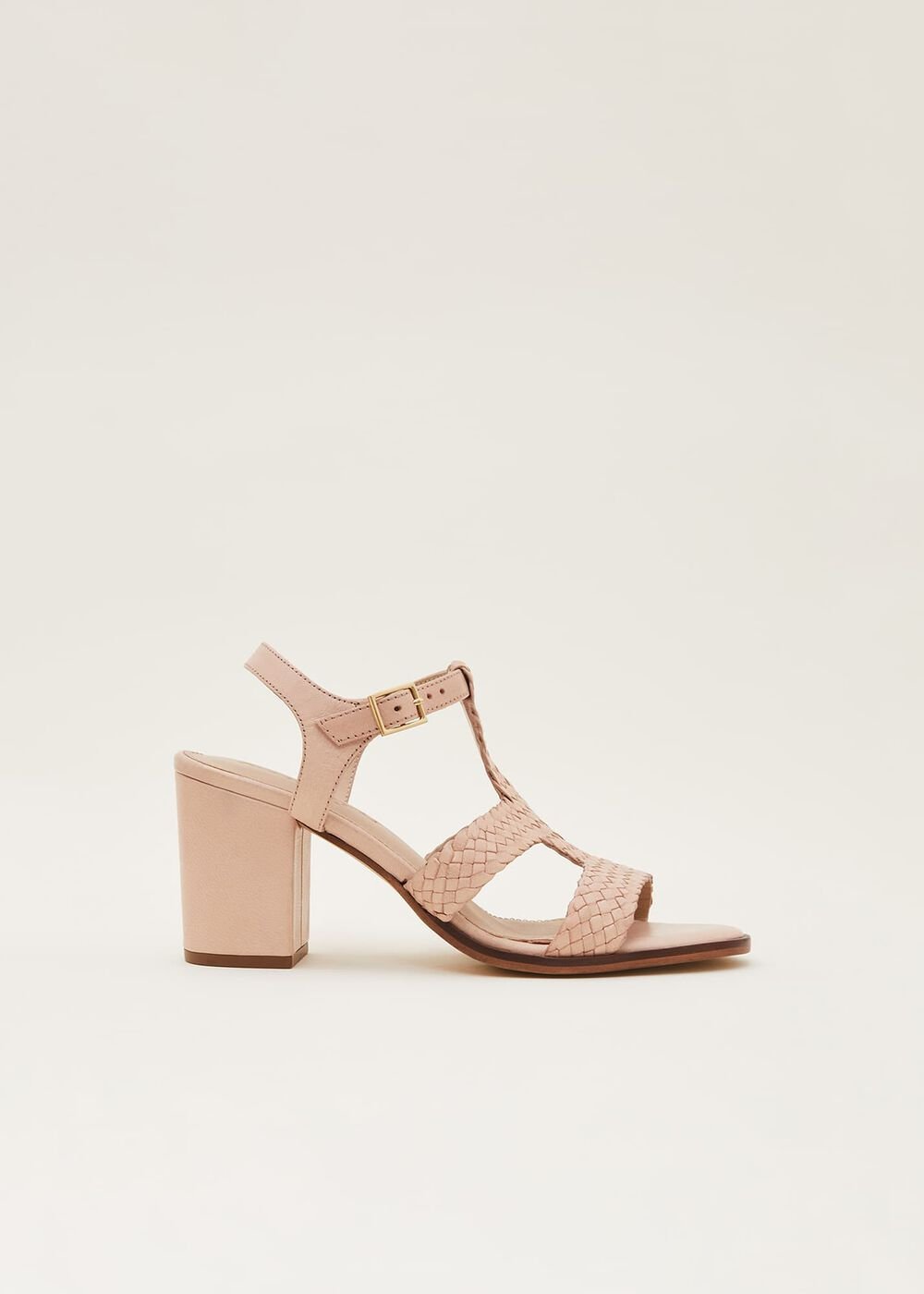 Plaited T Bar Heeled Sandal Shoe - Tan