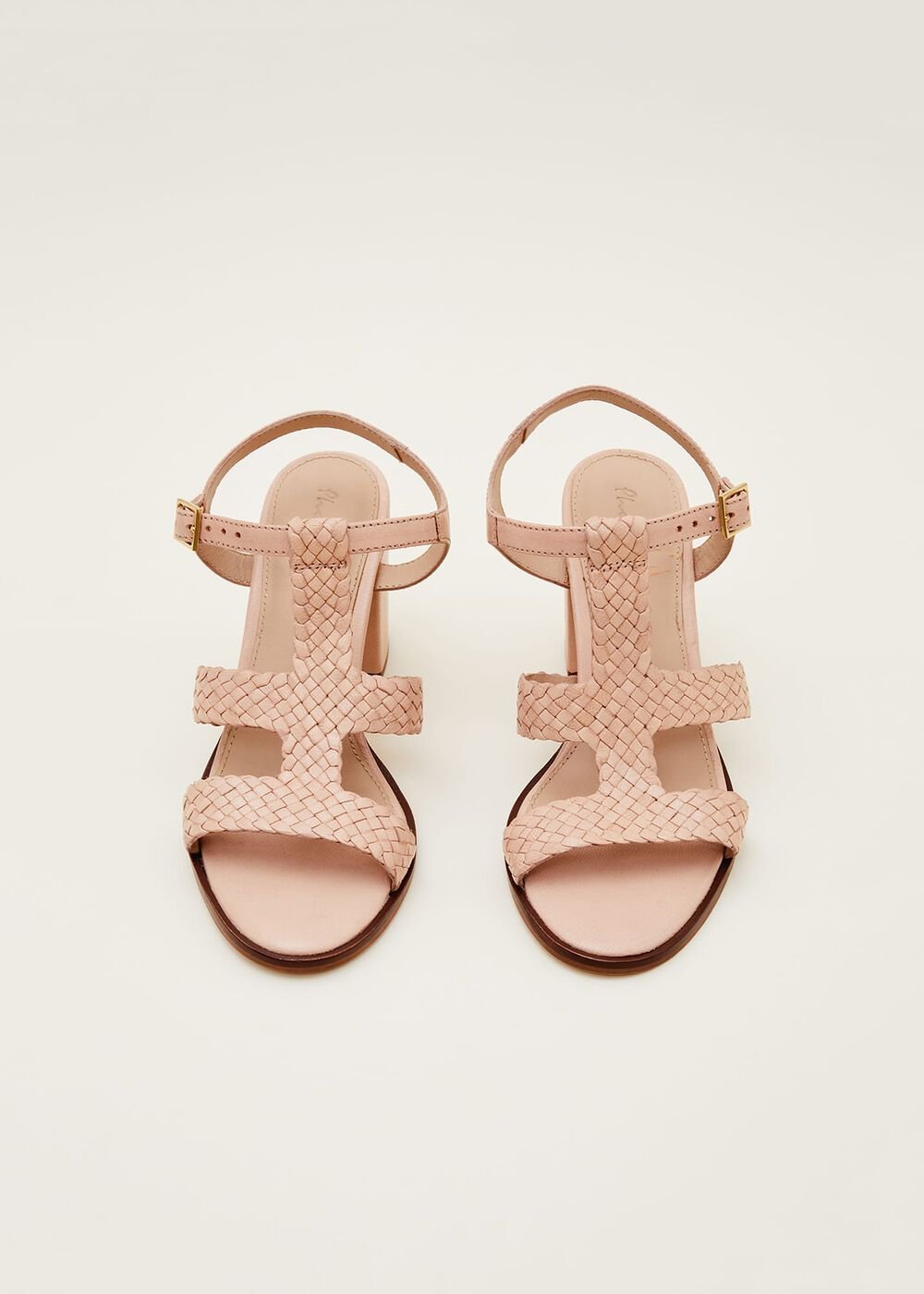 Plaited T Bar Heeled Sandal Shoe - Tan