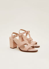 Plaited T Bar Heeled Sandal Shoe - Tan
