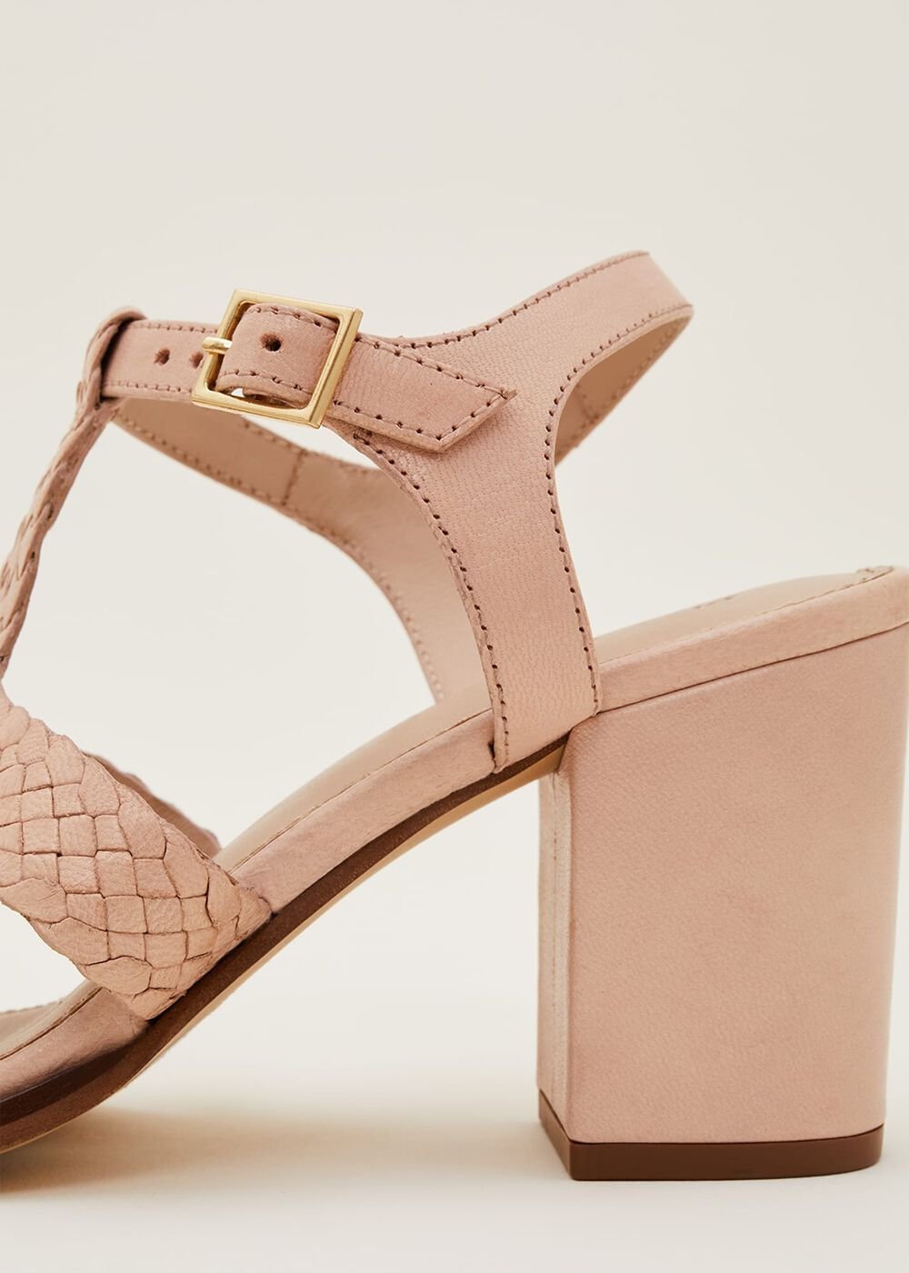Plaited T Bar Heeled Sandal Shoe - Tan