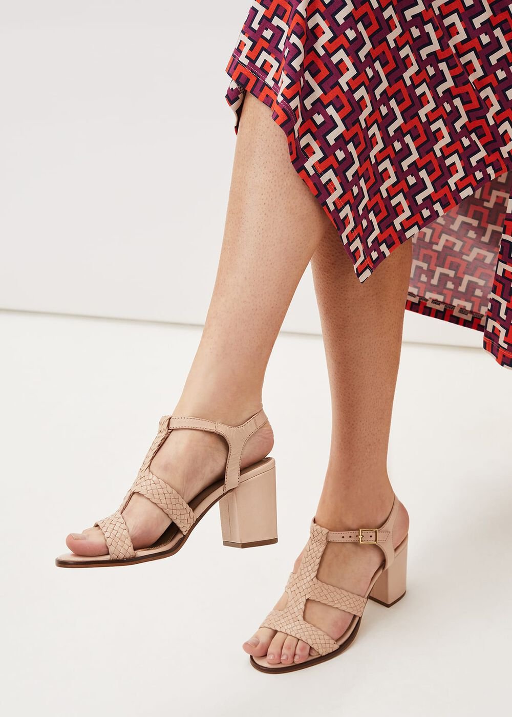 Plaited T Bar Heeled Sandal Shoe - Tan