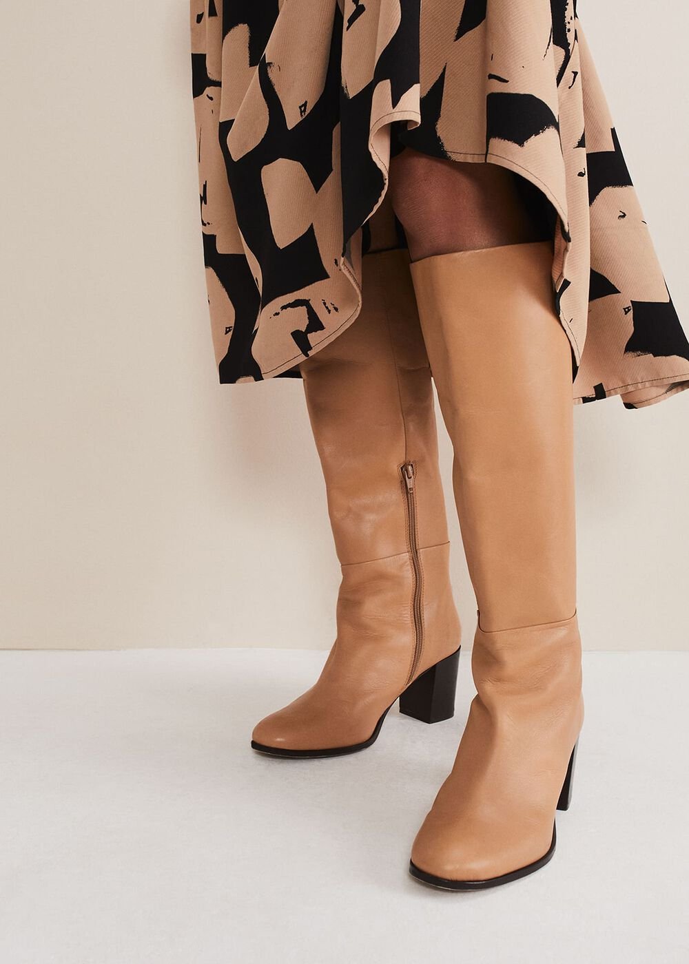 Leather Knee High Boots - Camel