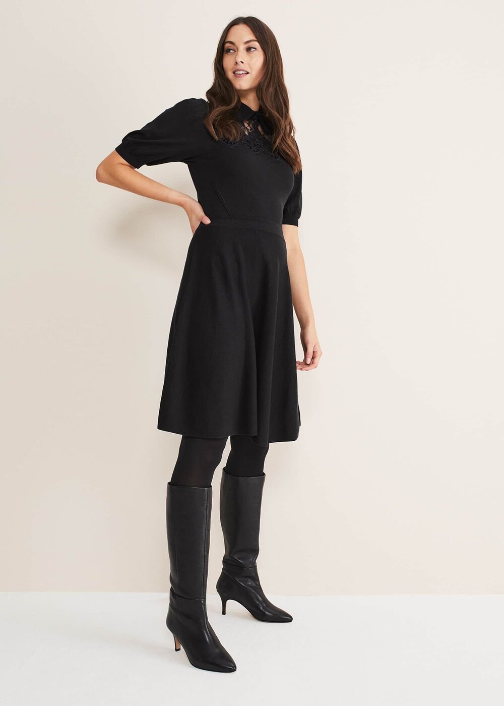 Leather Panelled Knee High Boot - Black
