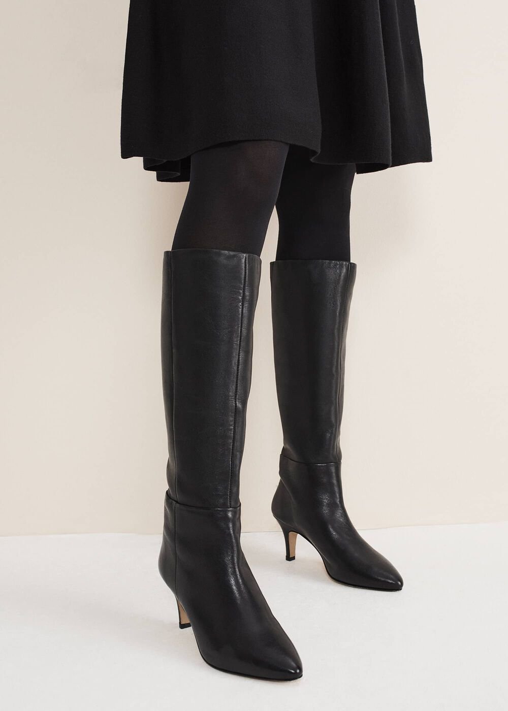 Leather Panelled Knee High Boot - Black
