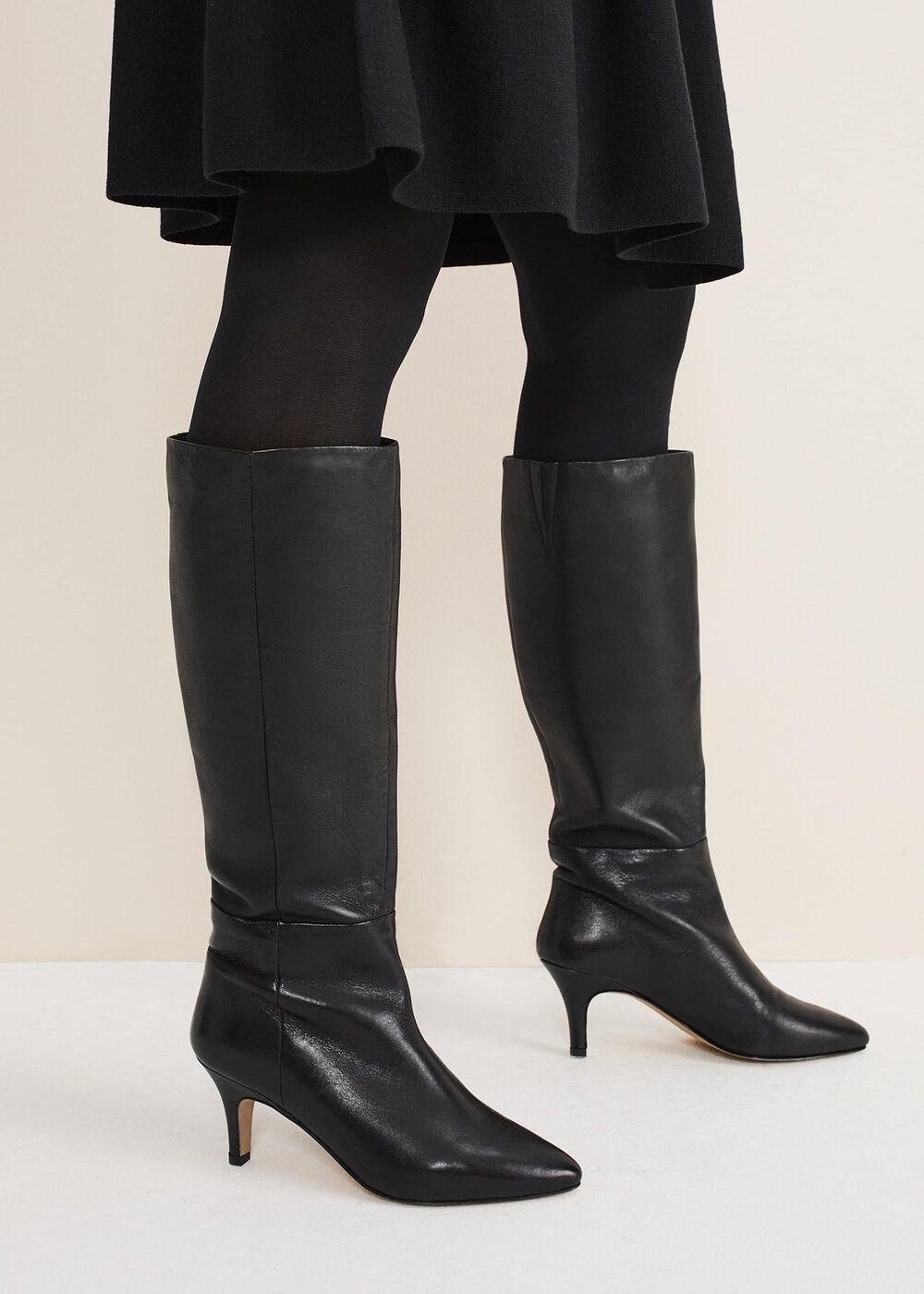 Leather Panelled Knee High Boot - Black