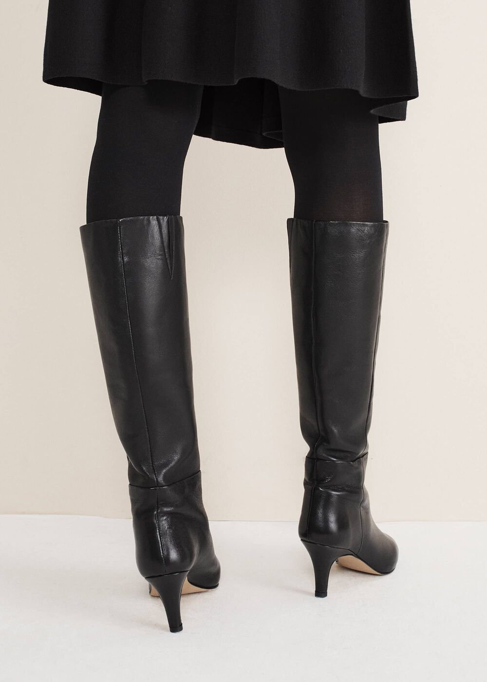 Leather Panelled Knee High Boot - Black