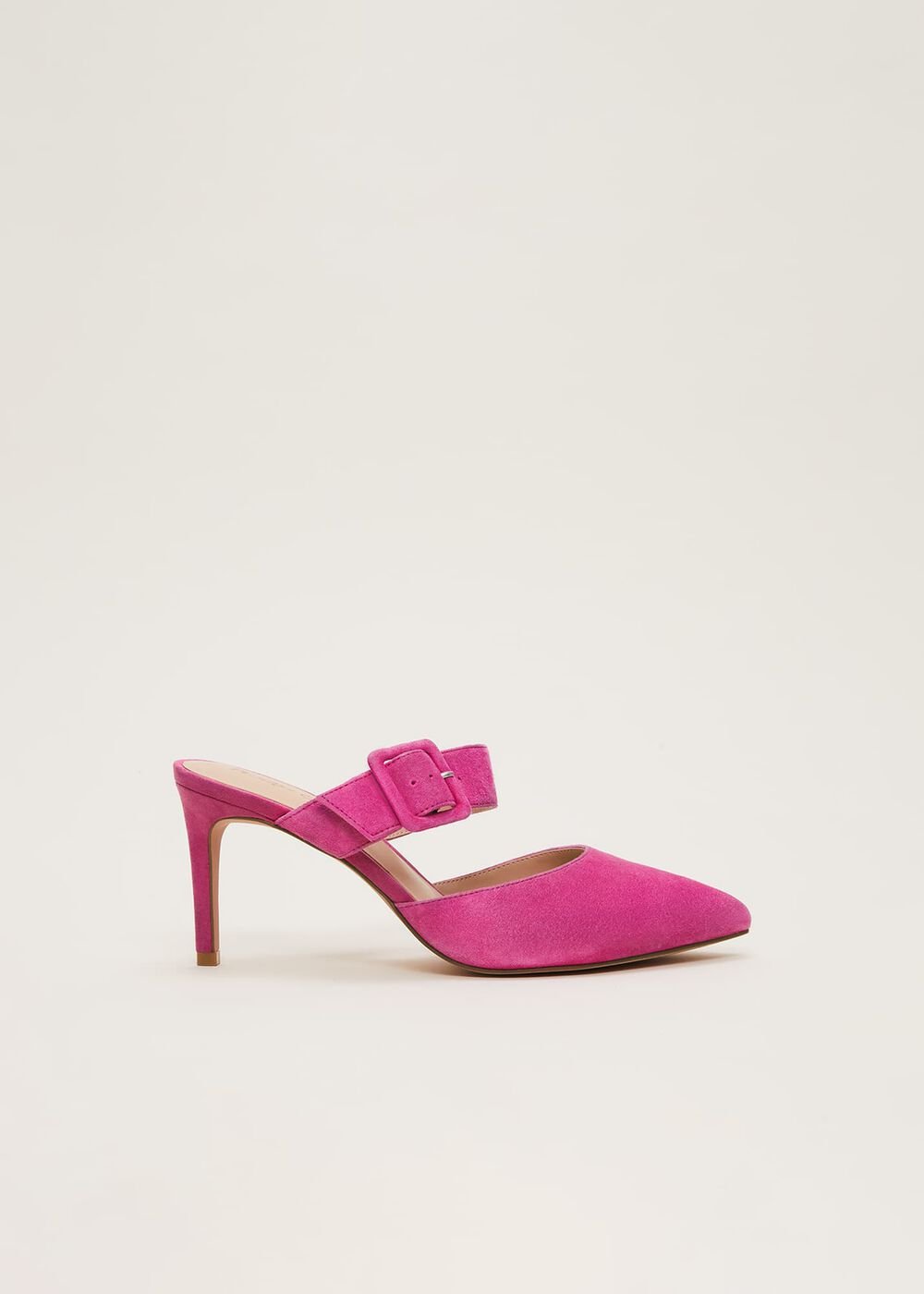 Suede Buckle Backless Heel - Neon Pink