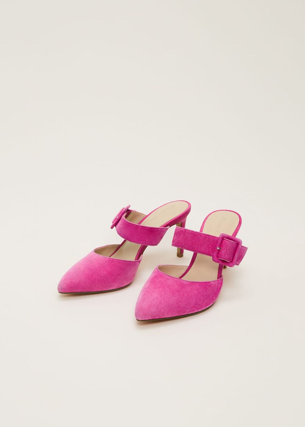Suede Buckle Backless Heel - Neon Pink