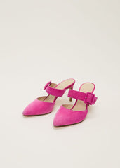 Suede Buckle Backless Heel - Neon Pink