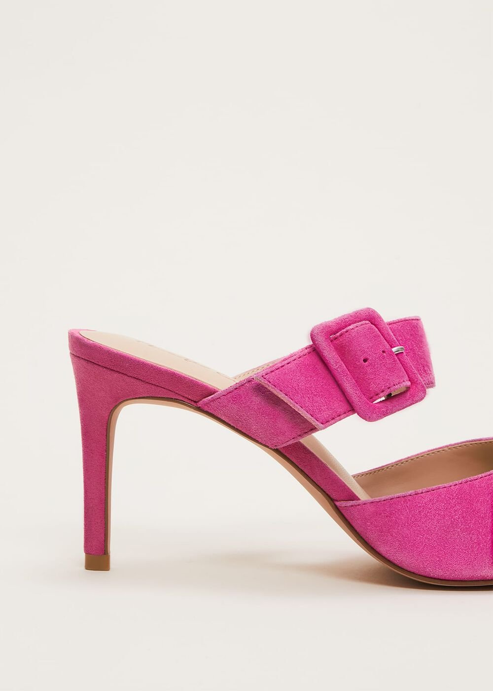 Suede Buckle Backless Heel - Neon Pink