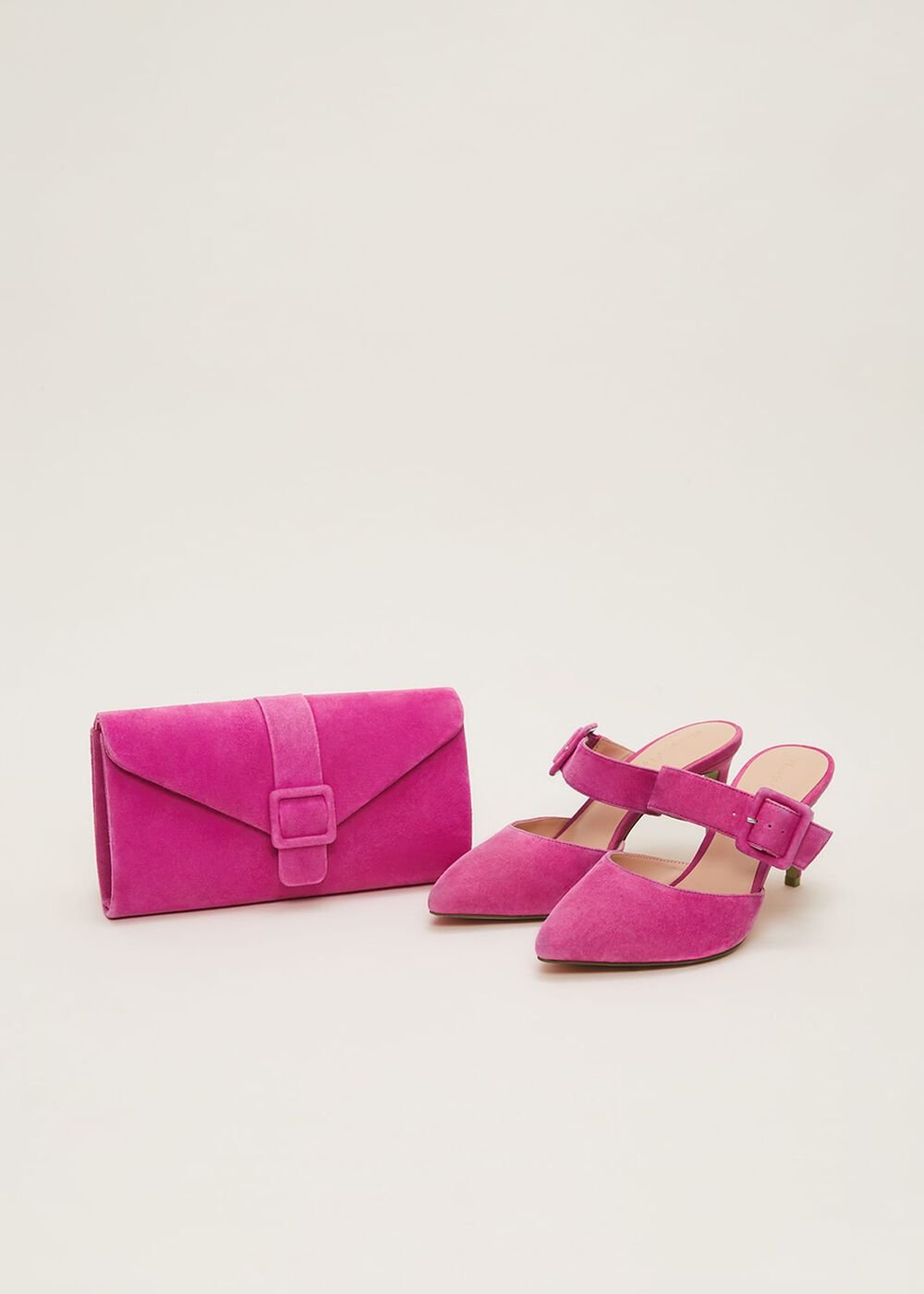 Suede Buckle Backless Heel - Neon Pink