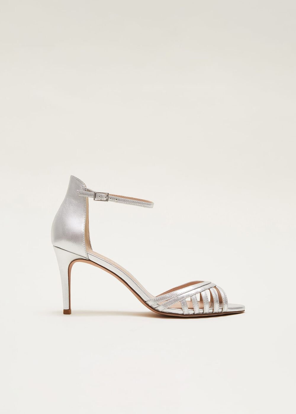 Silver Leather Open Toe Heels - Silver