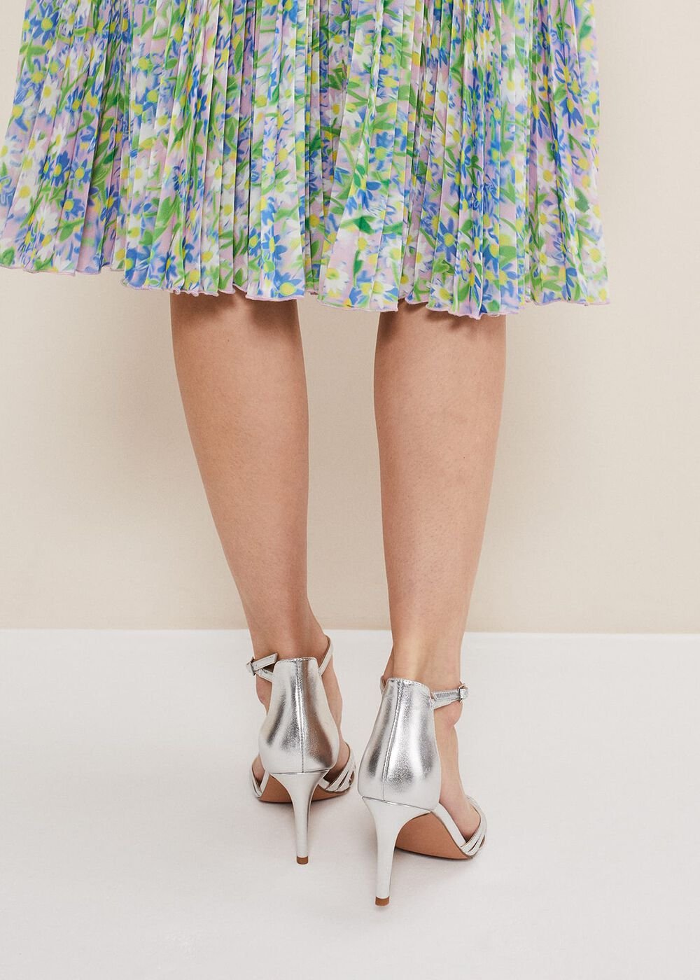 Silver Leather Open Toe Heels - Silver