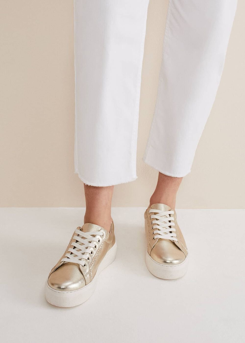Leather Platform Trainers - Gold