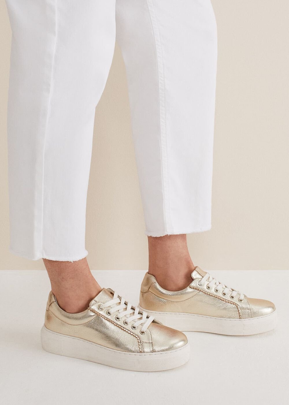 Leather Platform Trainers - Gold
