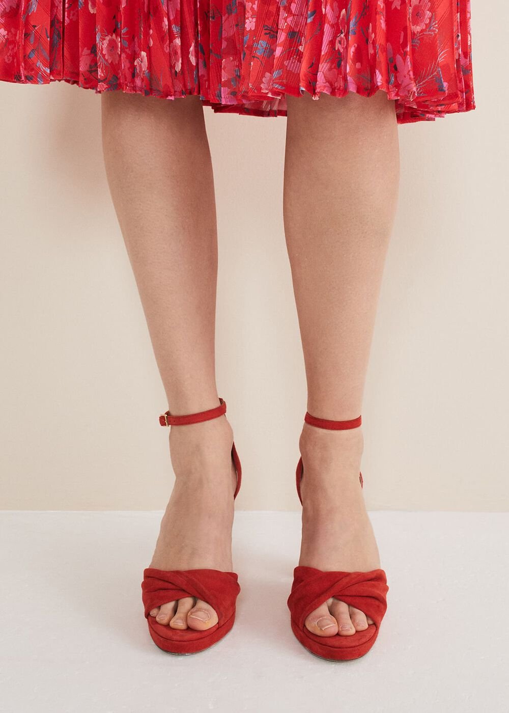Red Suede Open Toe Heels - Red
