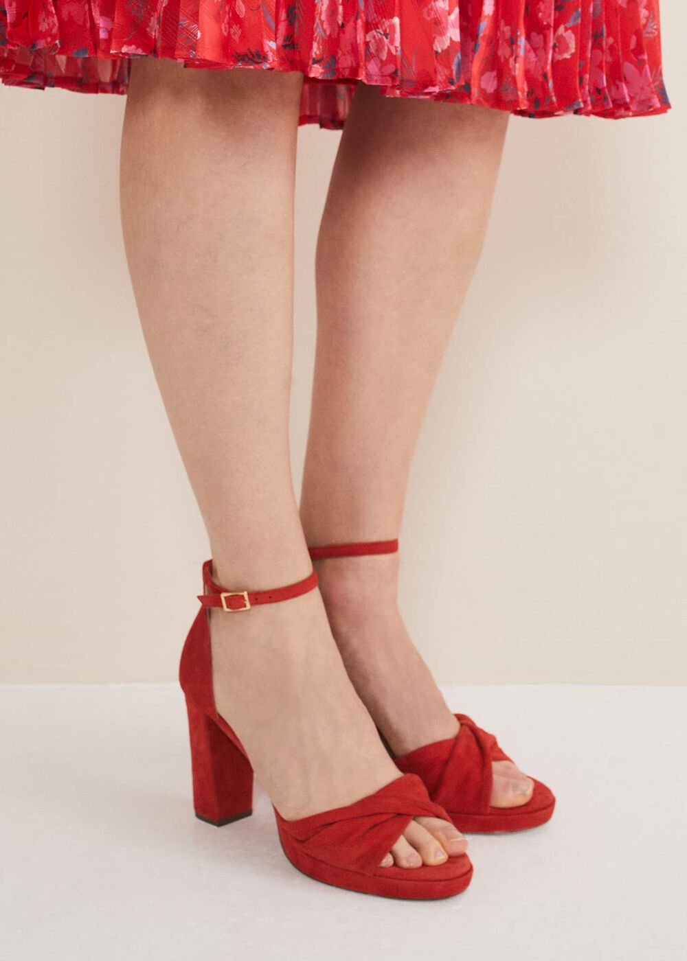 Red Suede Open Toe Heels - Red