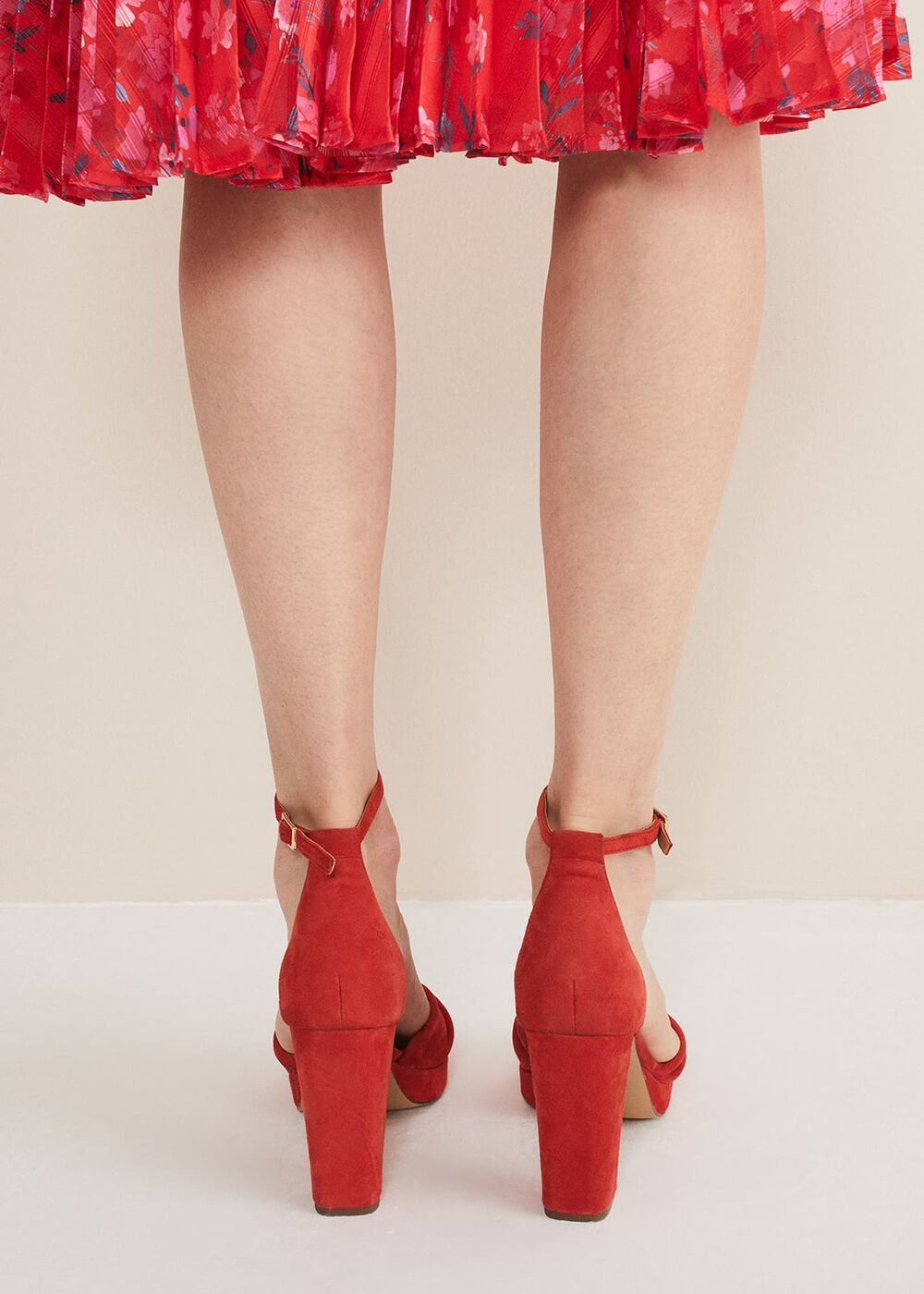 Red Suede Open Toe Heels - Red