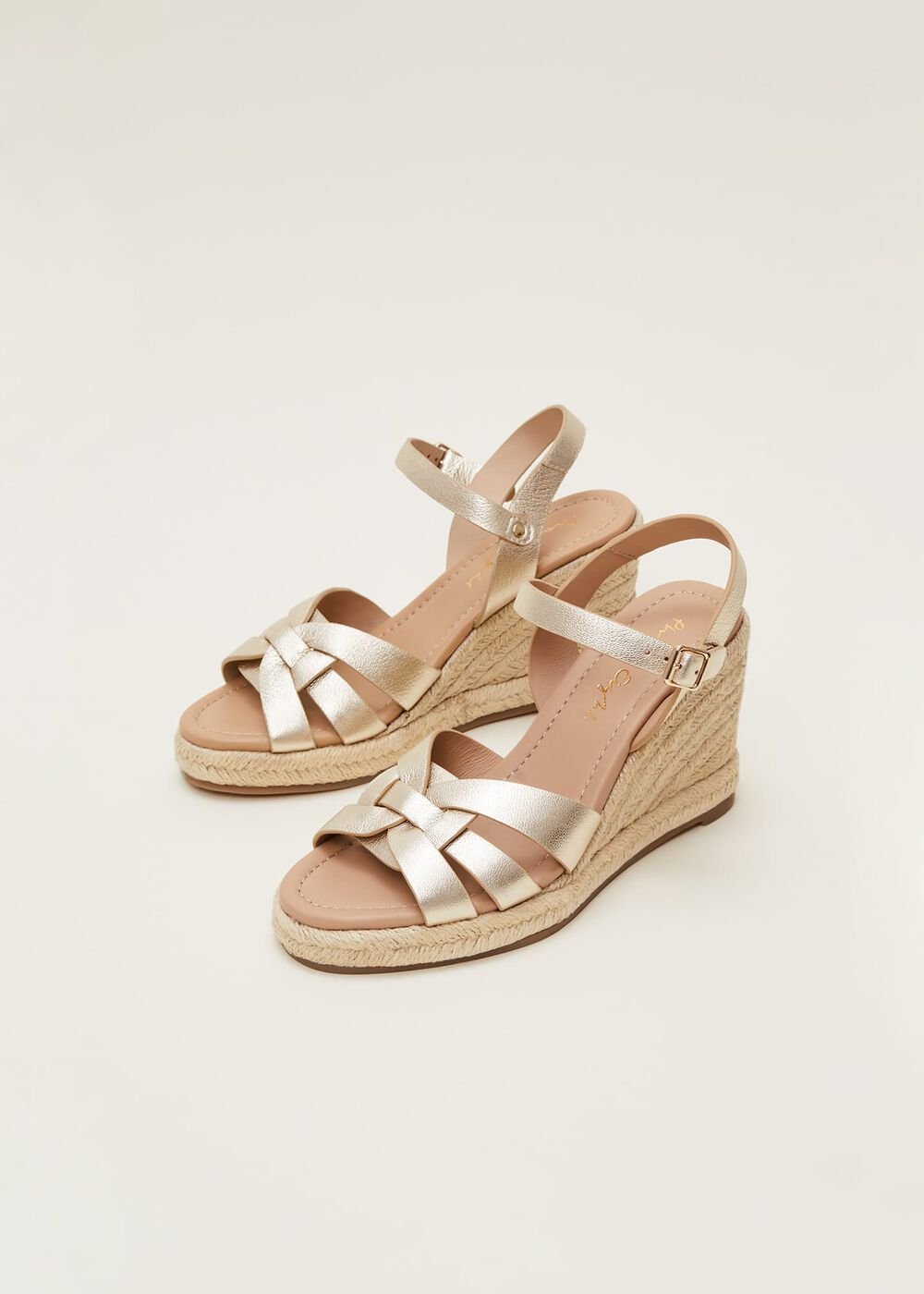 Leather Multi Strap Wedge Espadrille - Gold