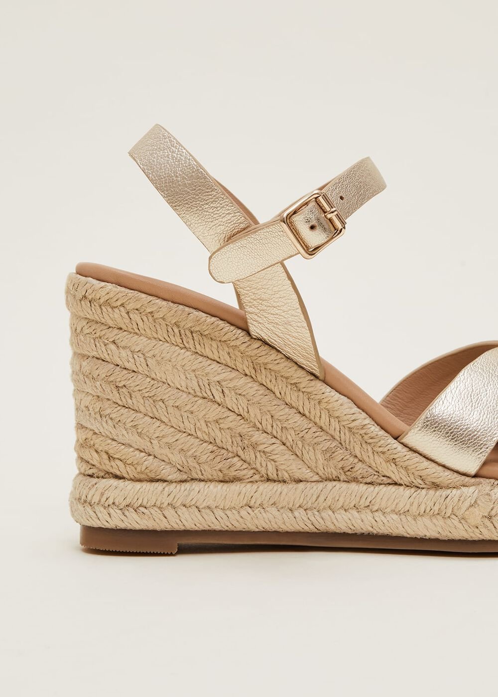 Leather Multi Strap Wedge Espadrille - Gold