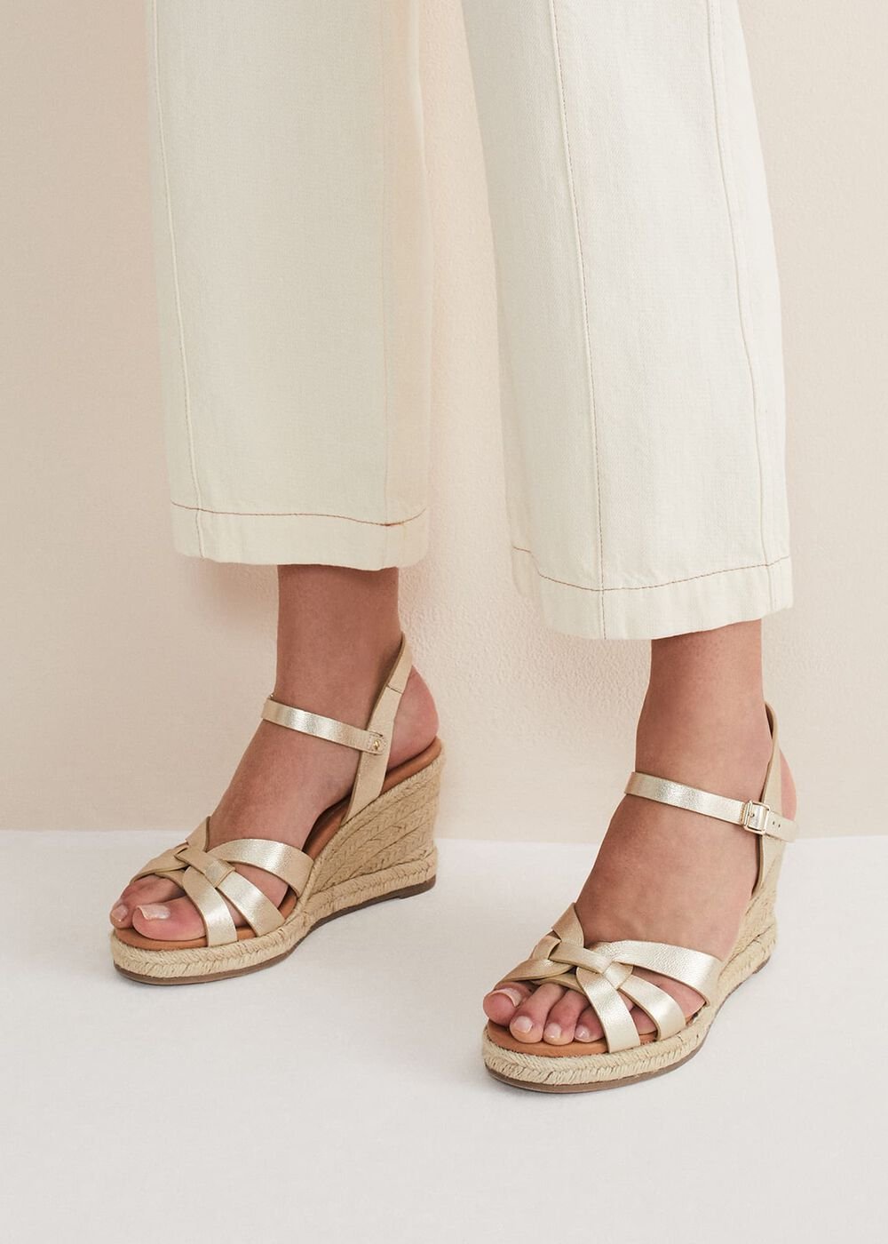 Leather Multi Strap Wedge Espadrille - Gold