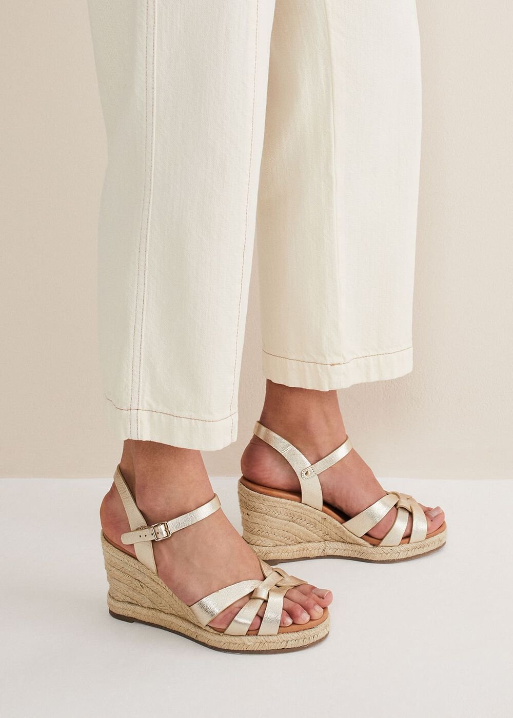 Leather Multi Strap Wedge Espadrille - Gold