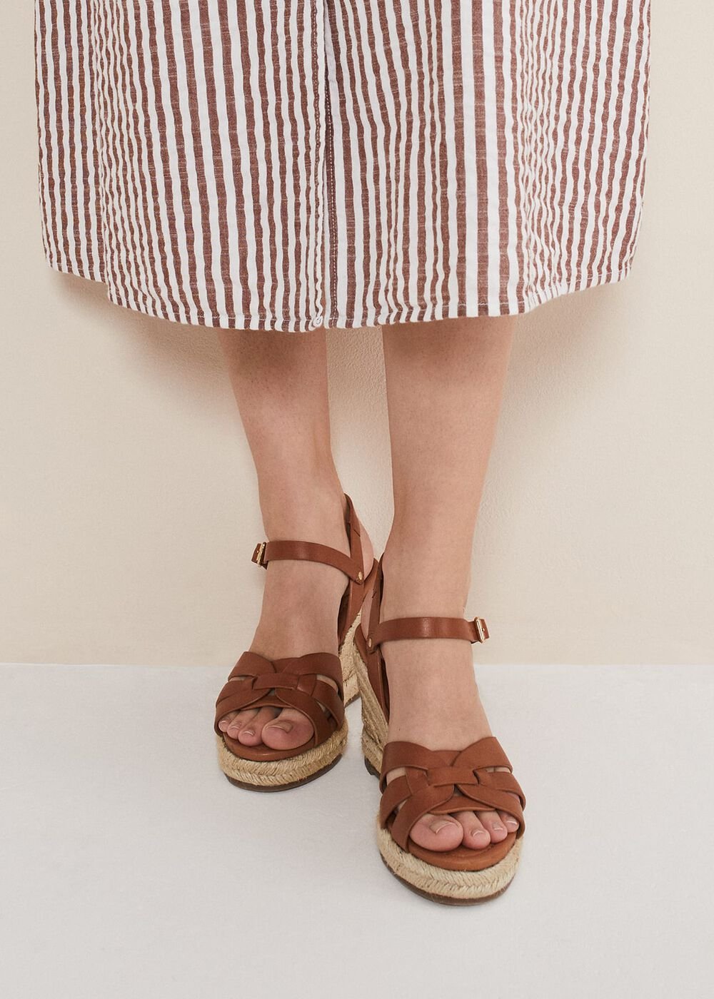 Leather Multi Strap Wedge Espadrille - Tan