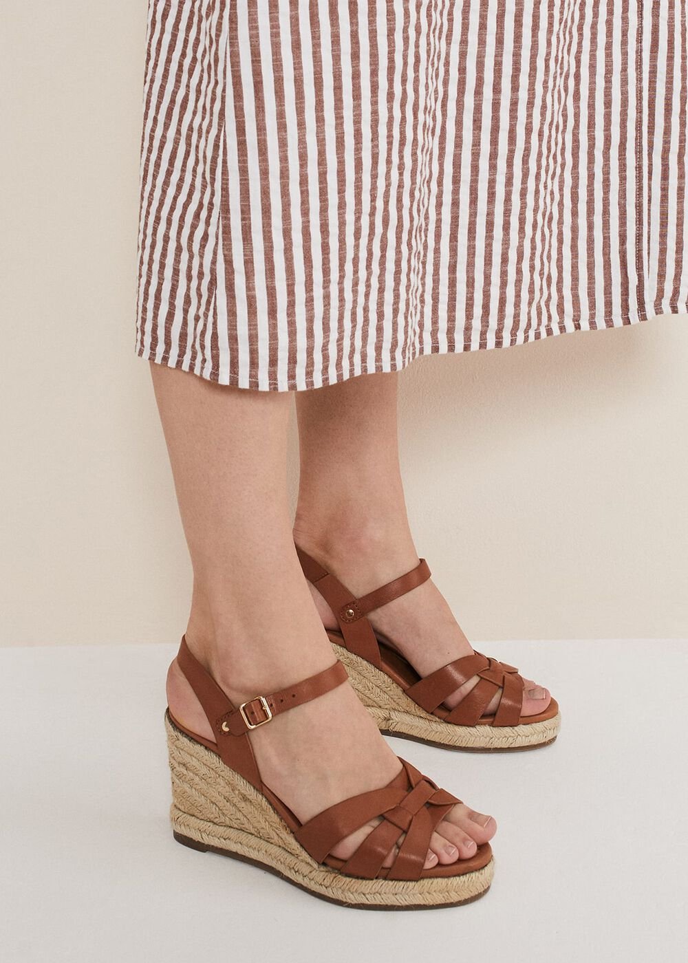 Leather Multi Strap Wedge Espadrille - Tan