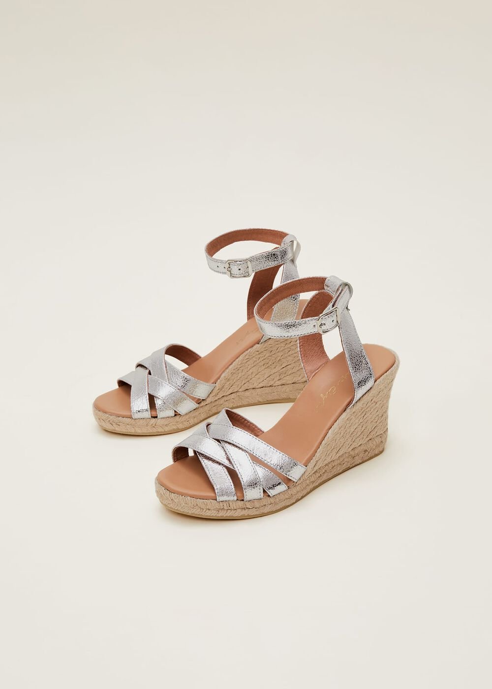 Leather Strappy Espadrilles - Silver