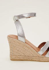 Leather Strappy Espadrilles - Silver