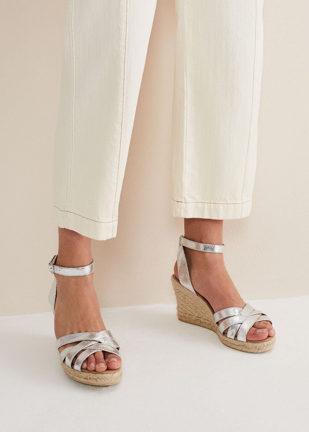 Leather Strappy Espadrilles - Silver