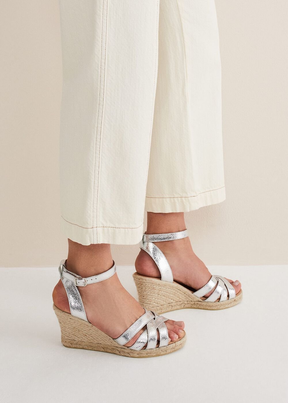 Leather Strappy Espadrilles - Silver