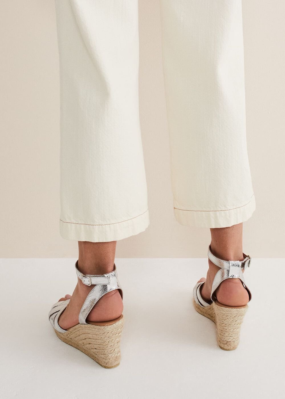 Leather Strappy Espadrilles - Silver