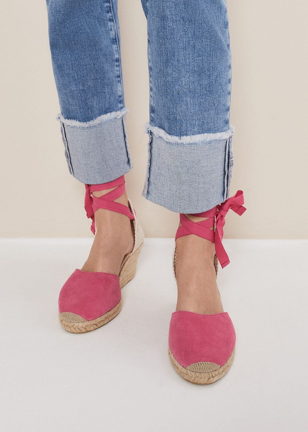 Suede Ankle Tie Espadrille Shoe - Bright Pink