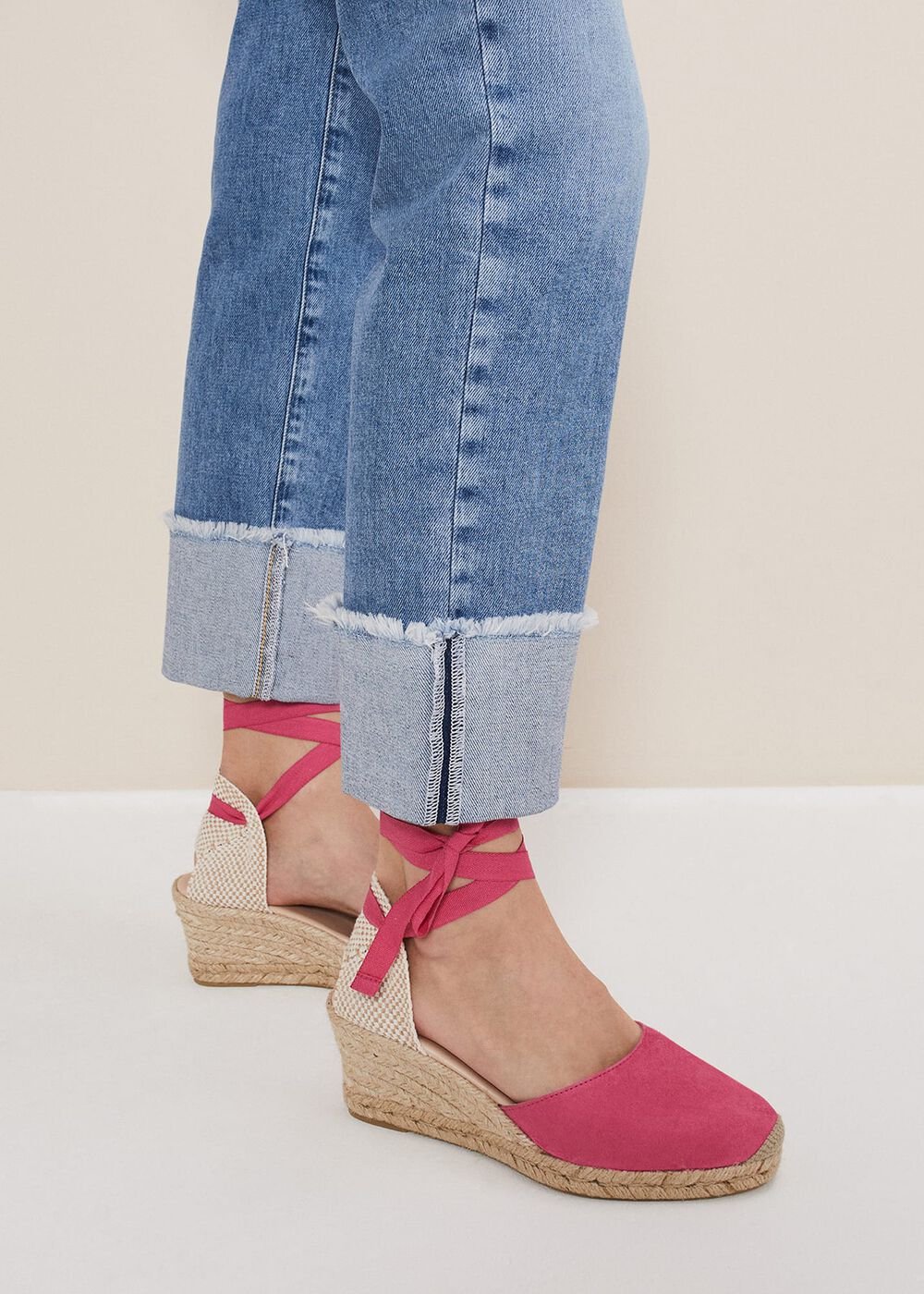 Suede Ankle Tie Espadrille Shoe - Bright Pink
