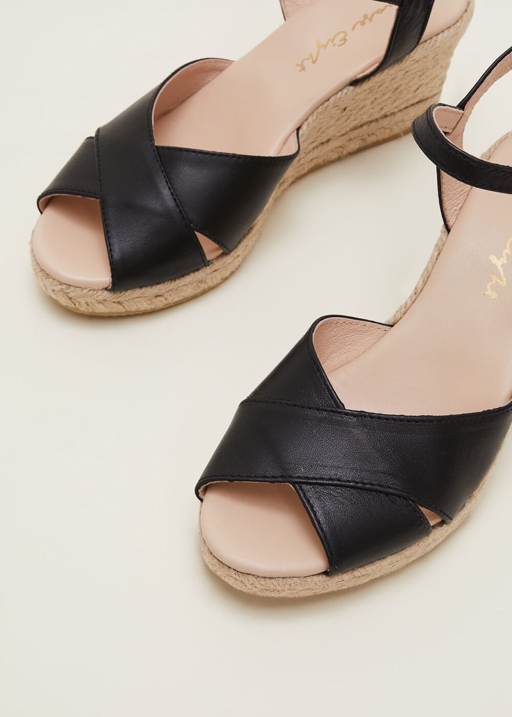 Leather Cross Front Espadrilles - Black