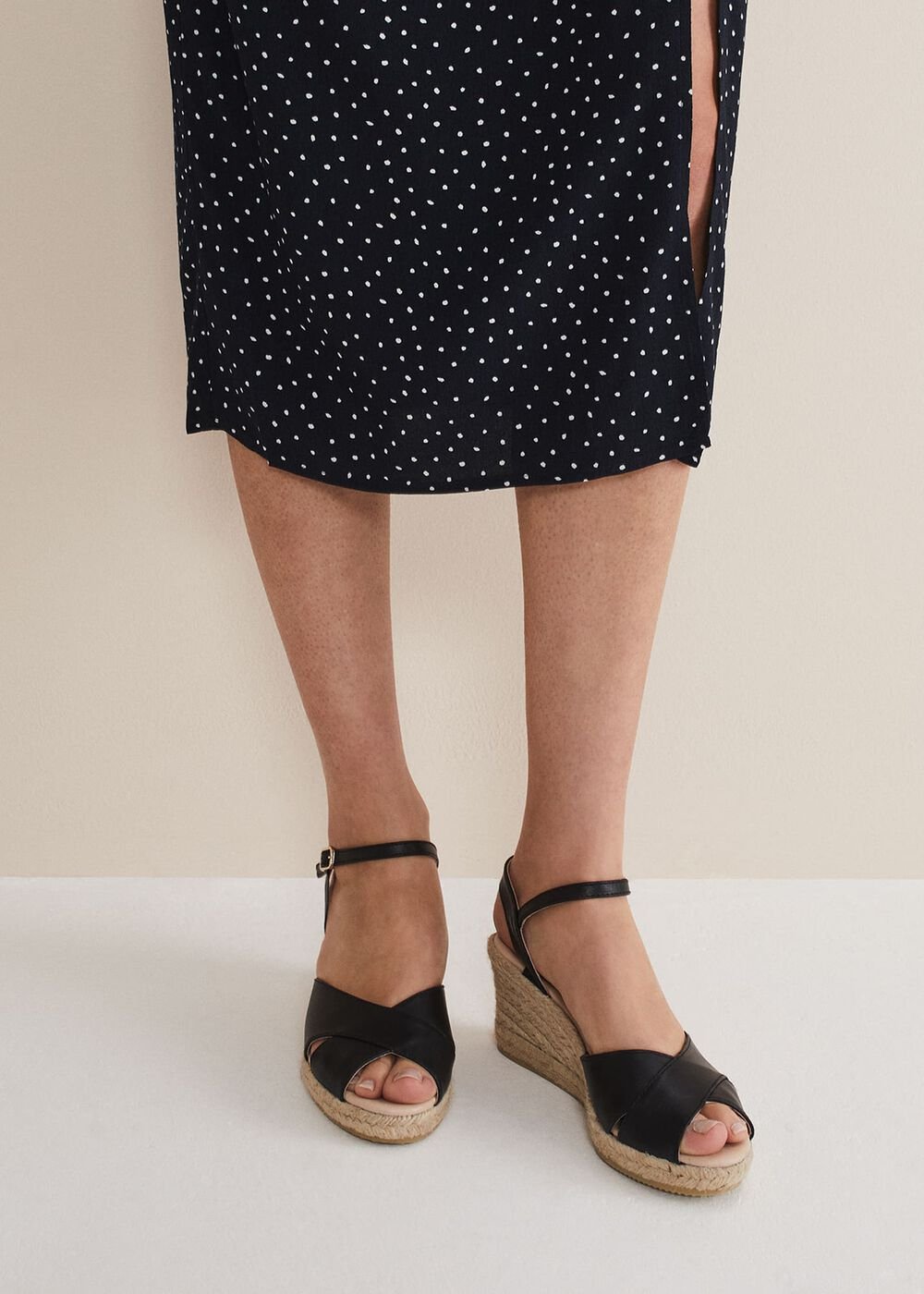 Leather Cross Front Espadrilles - Black