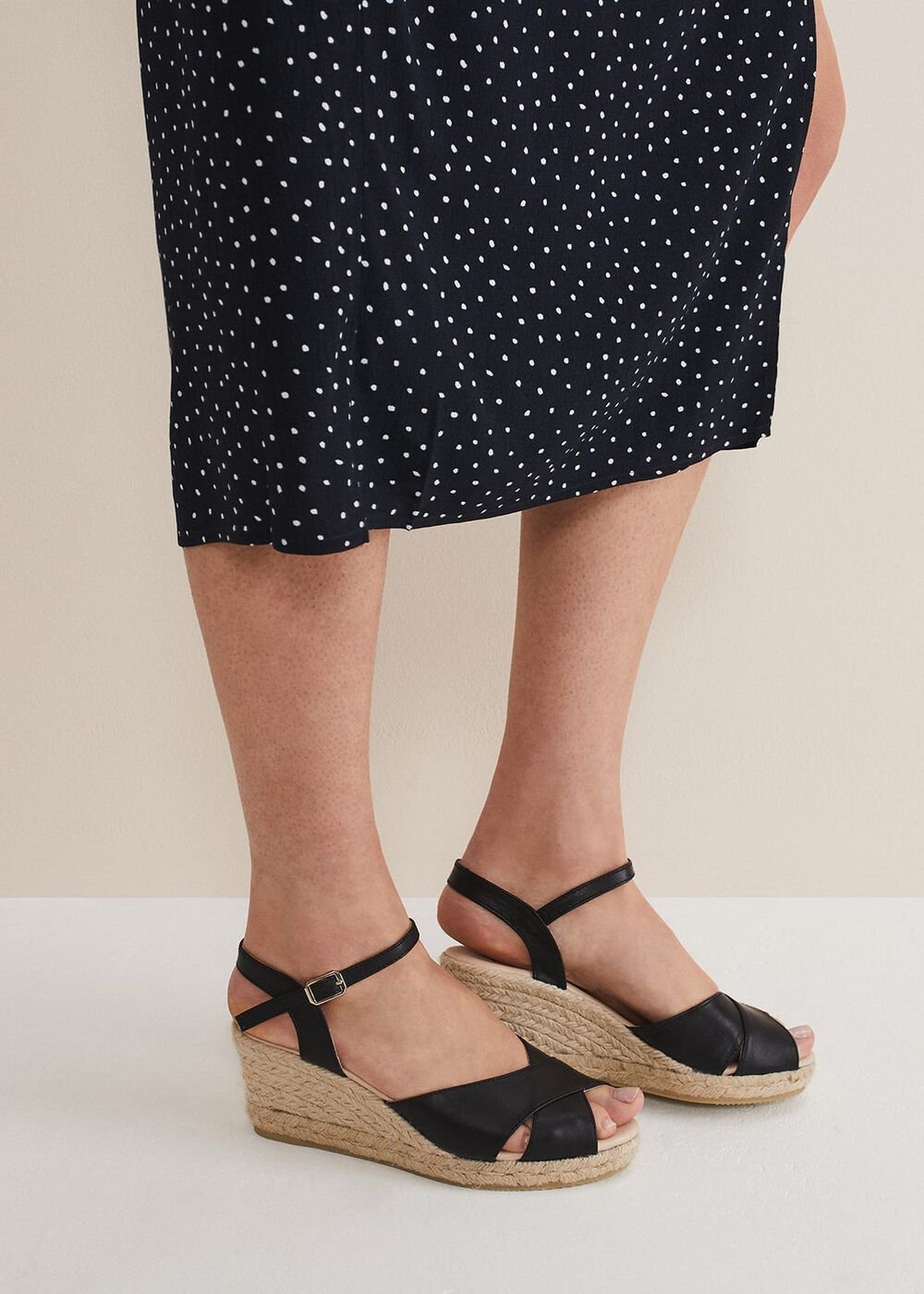 Leather Cross Front Espadrilles - Black