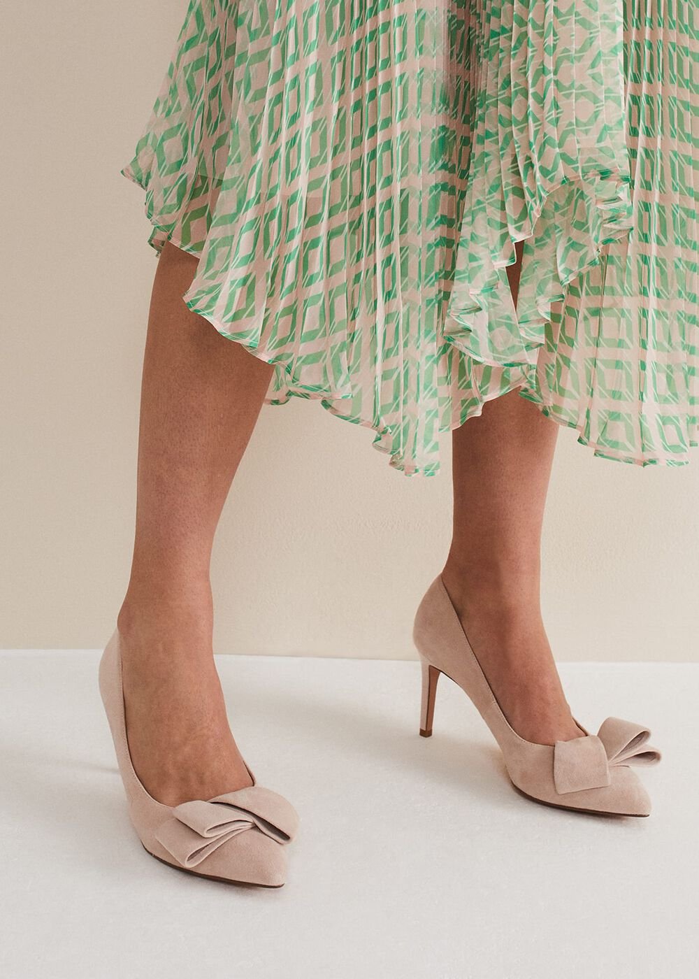 Suede Bow Front Court Shoes - Cameo