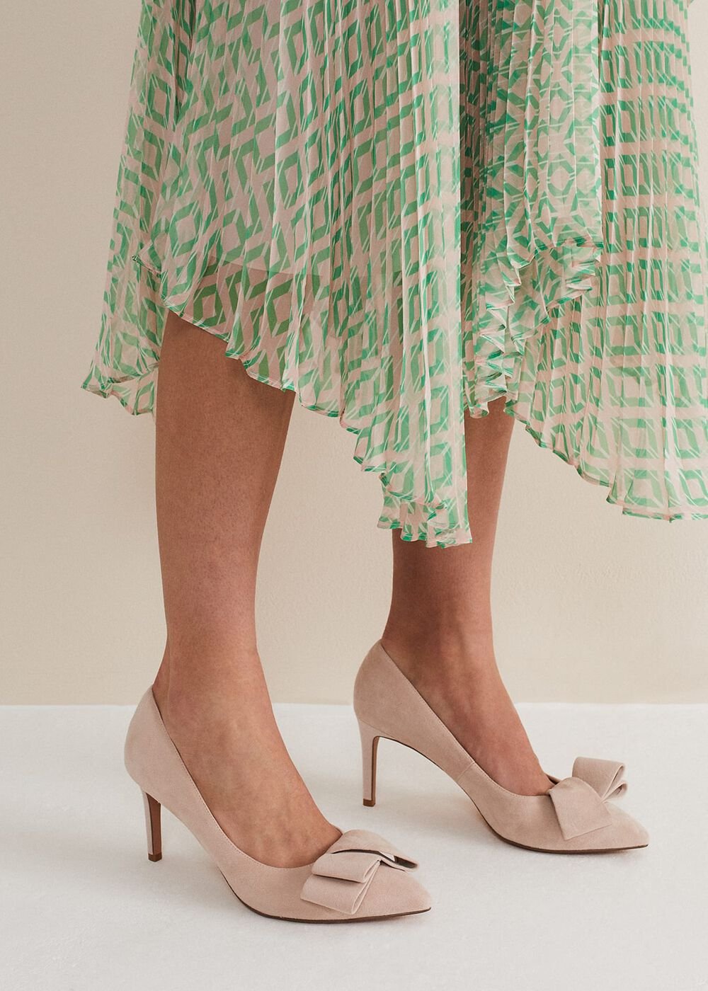 Suede Bow Front Court Shoes - Cameo