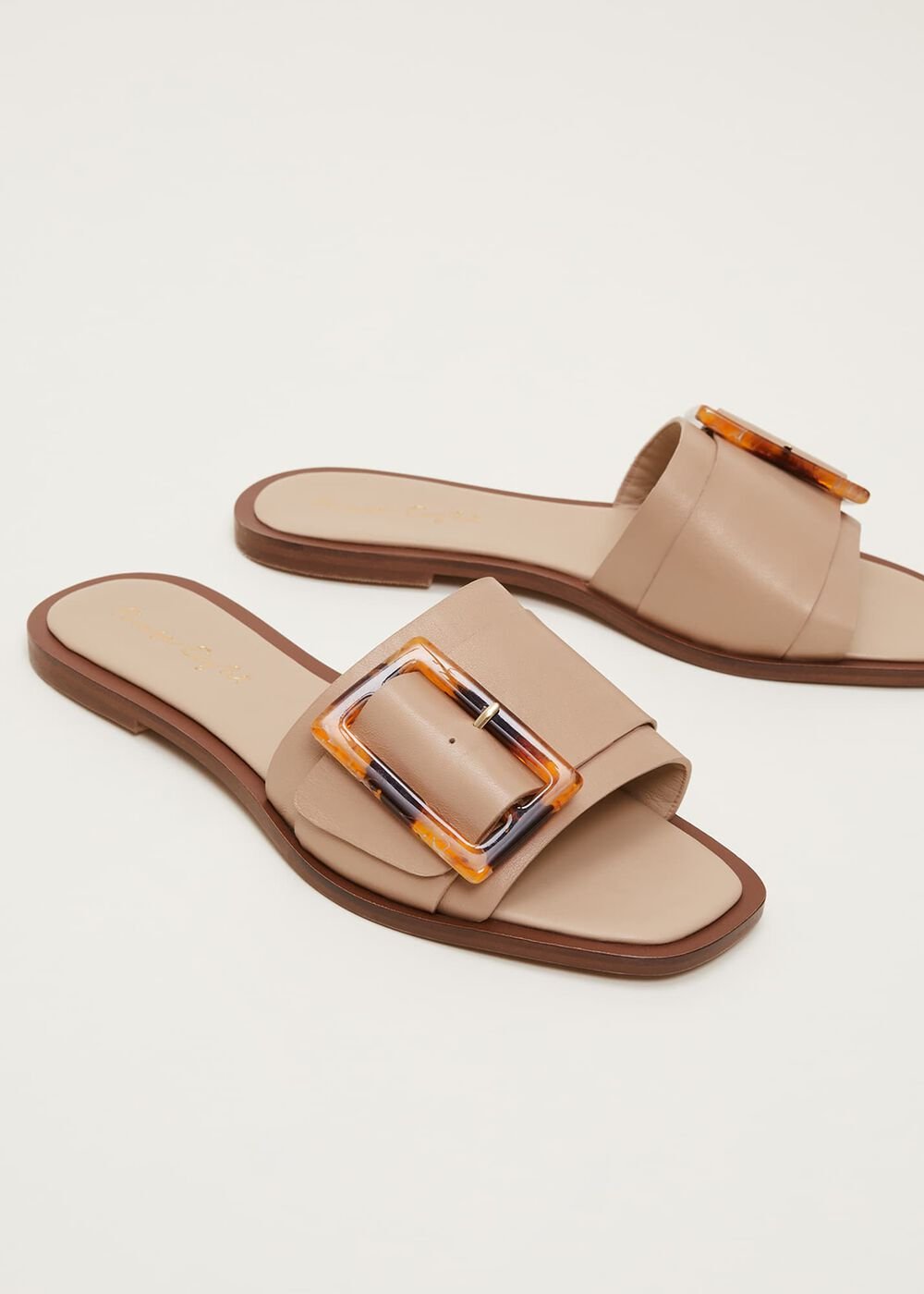Leather Buckle Flat Sandals - Neutral