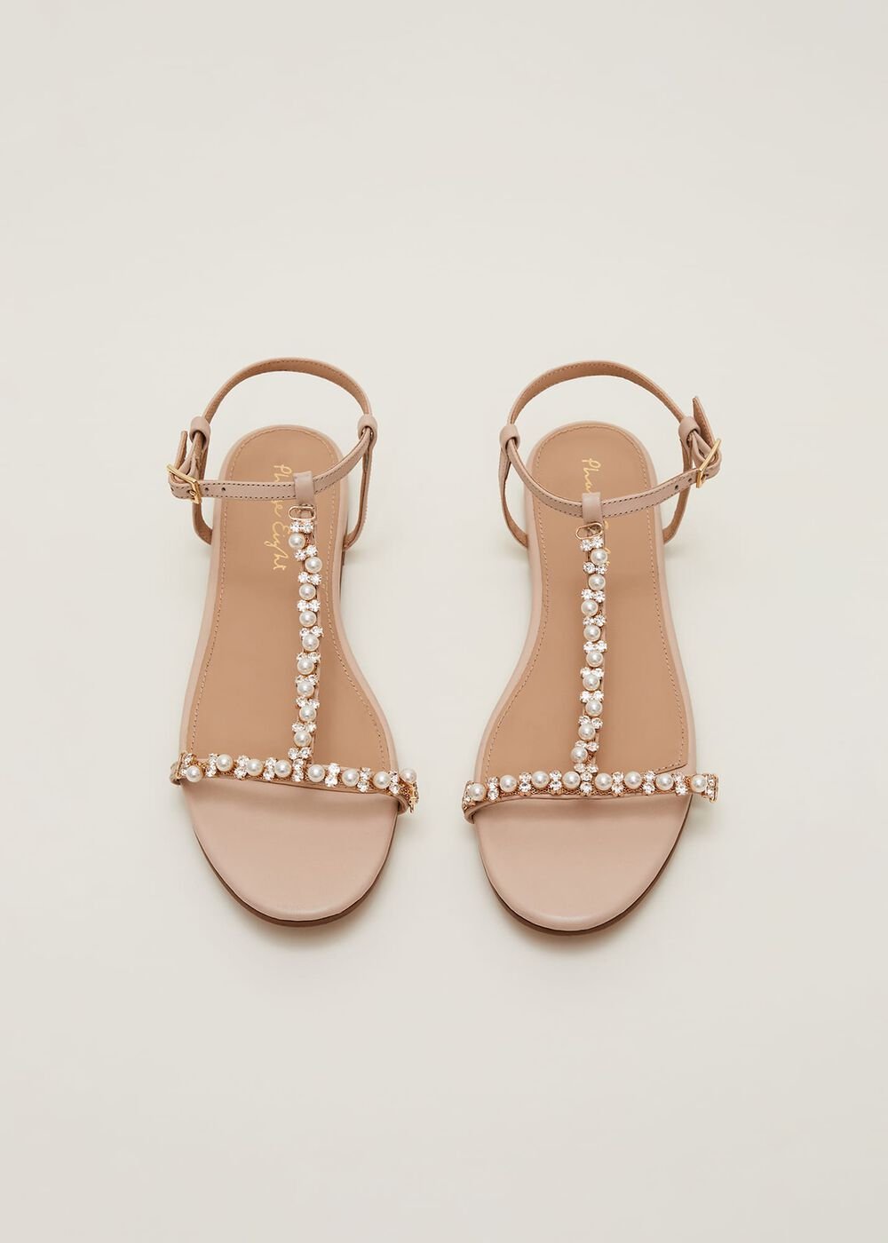 Leather Jewel Trim Flat Sandal - Neutral