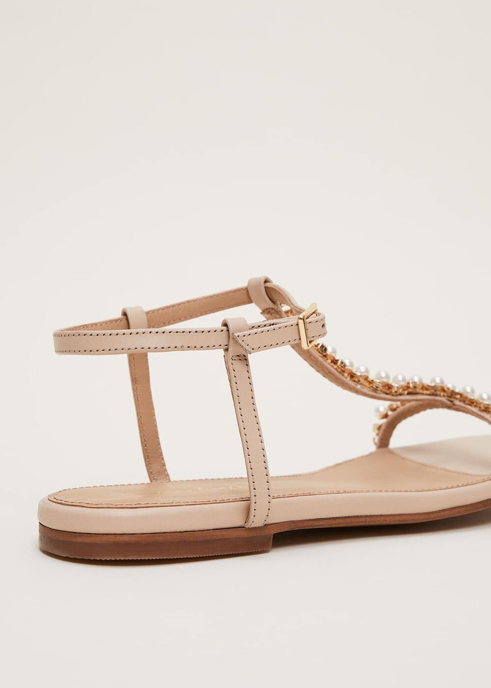 Leather Jewel Trim Flat Sandal - Neutral